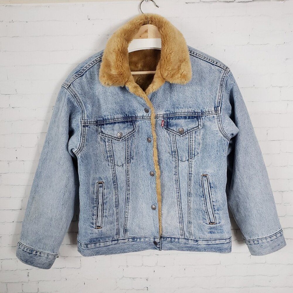 Levis Faux Fur Lined Denim Trucker Jean Jacket Size XS Oversized Anthro Blue - Picture 2 of 13